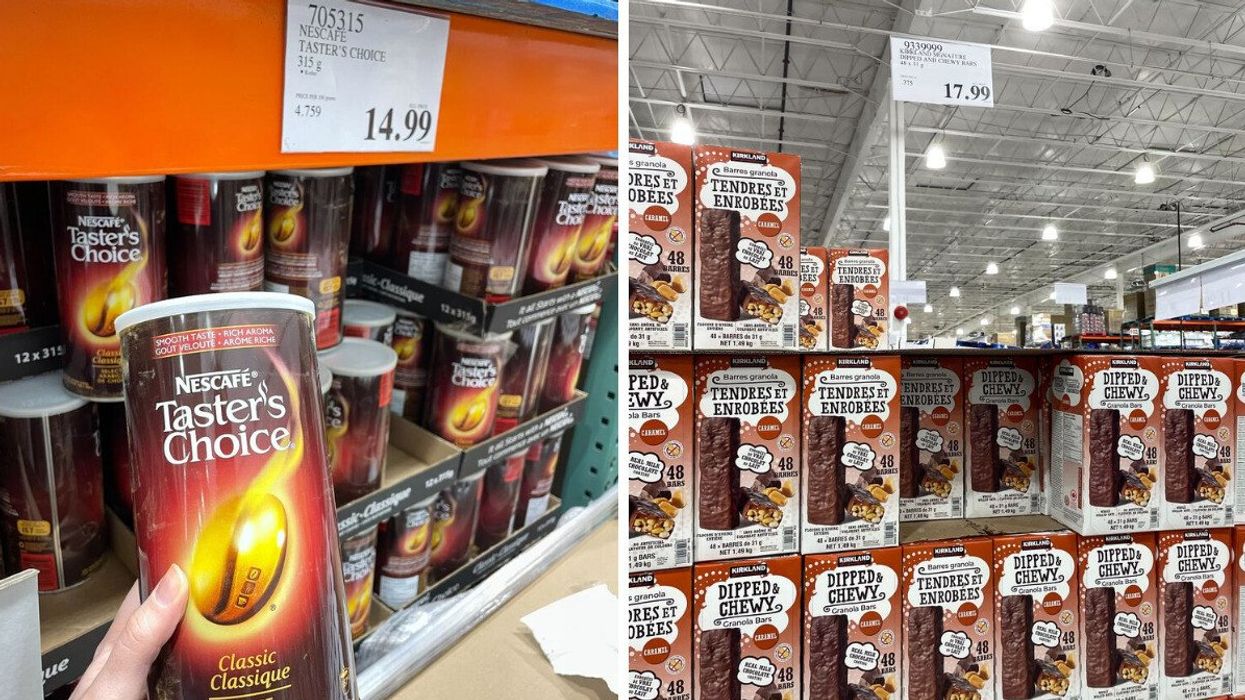 person holding nescafe instant coffee at costco. right: boxes of kirkland signature chocolate-dipped granola bars