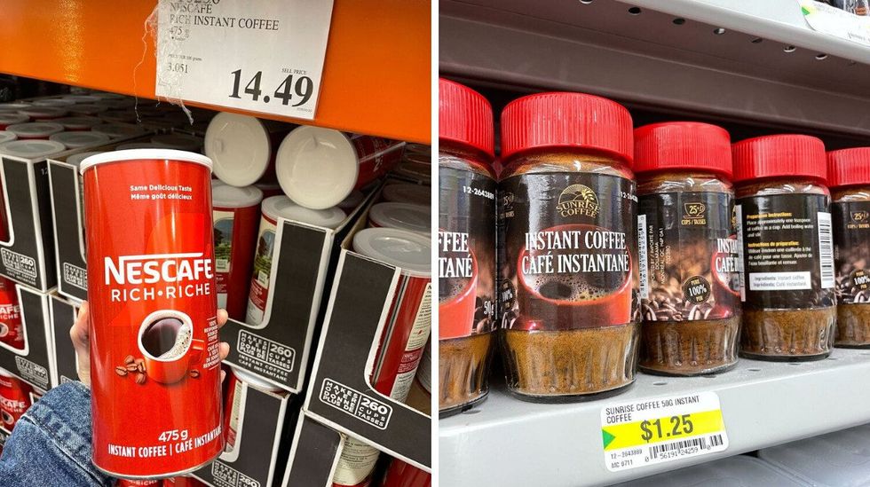 person holding nescafe instant coffee at costco. right: instant coffee jars on shelf at dollarama