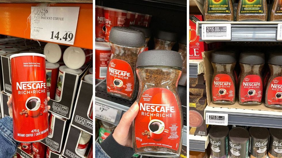 person holding nescafe instant coffee at costco, walmart and loblaws