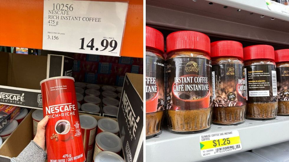 person holding nescafe rich instant coffee at costco. right: jars of sunrise coffee instant coffee on shelf at dollarama