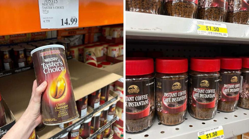 person holding nescafe taster's choice instant coffee at costco. right: jars of sunrise coffee instant coffee at dollarama