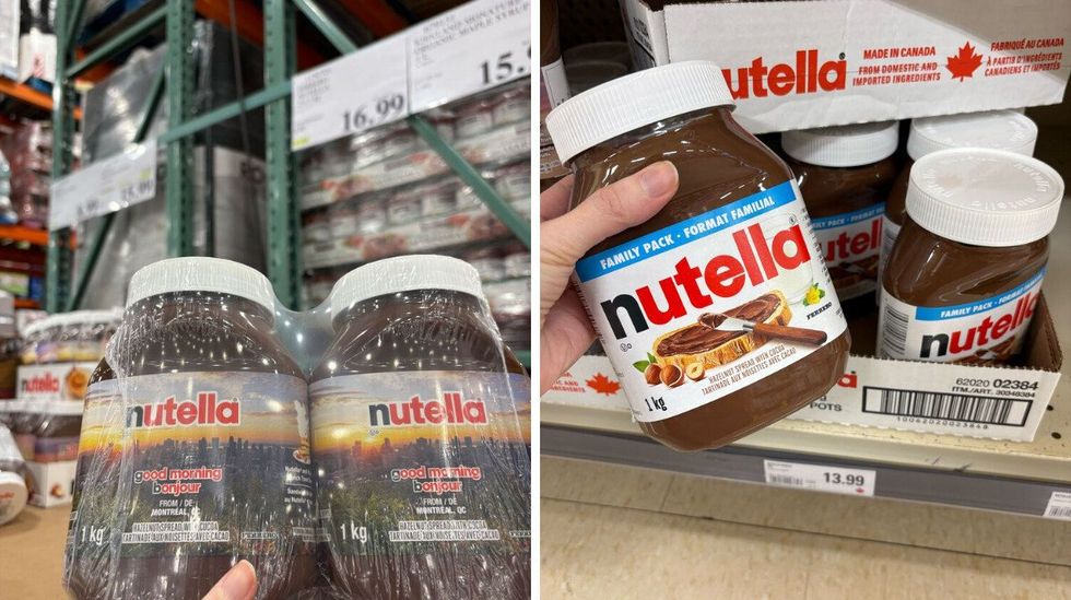 person holding nutella jars at costco. right: person holding nutella jar at loblaws