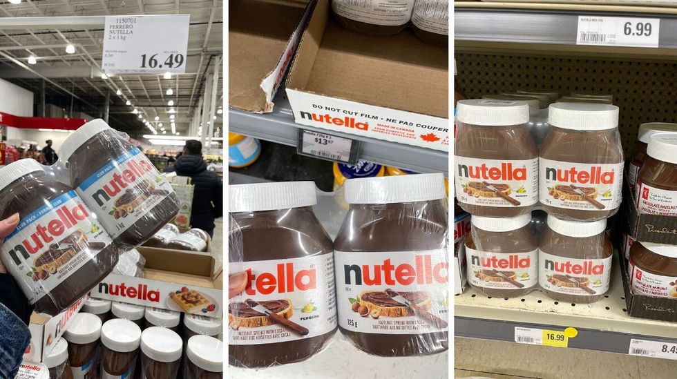 person holding nutella jars at costco, walmart and loblaws.