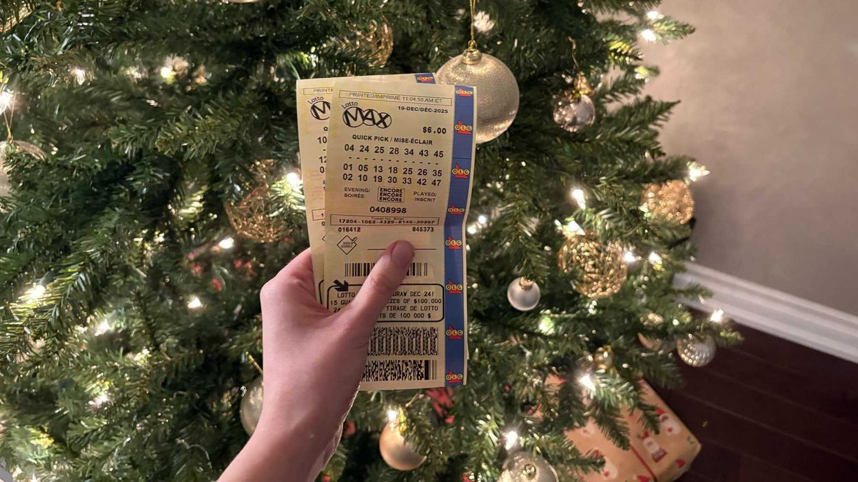 person holding olg lotto max tickets in front of christmas tree