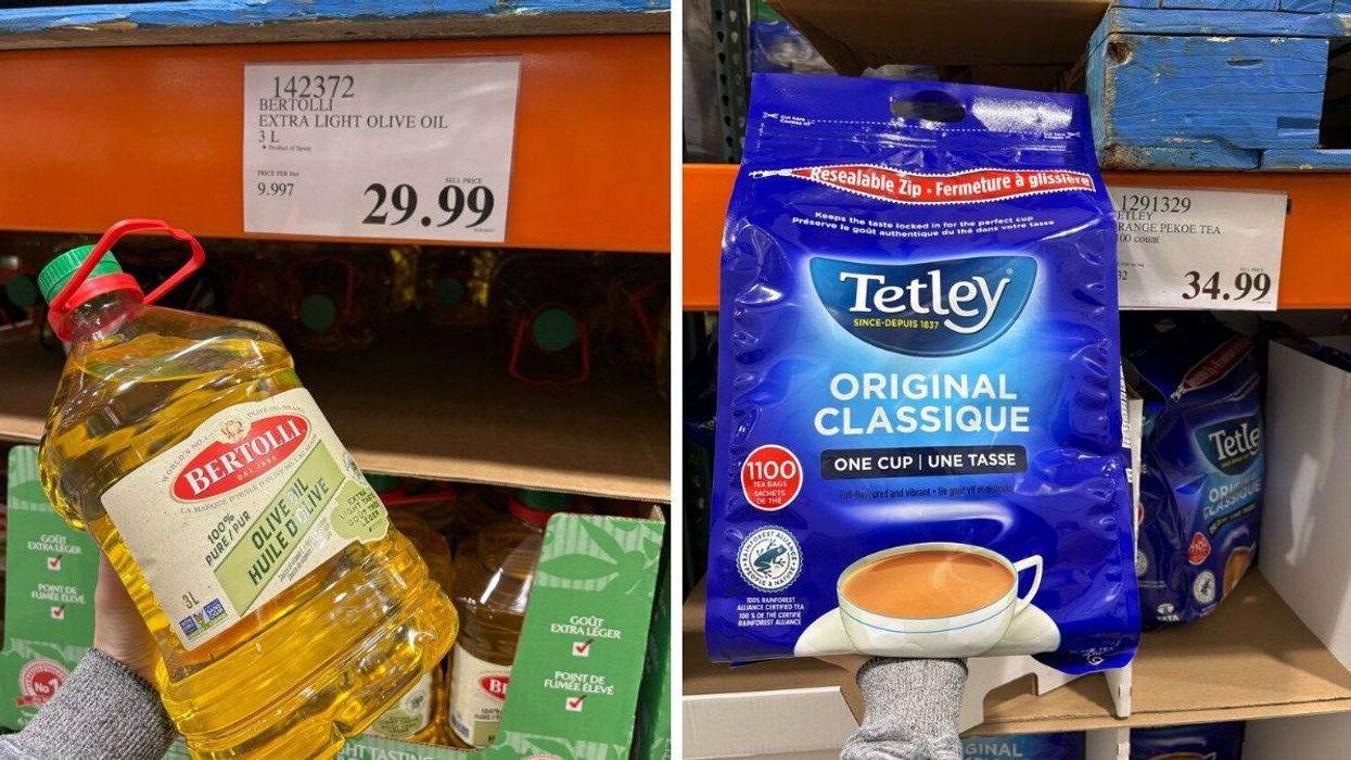 person holding olive oil bottle at costco. right: person holding pack of tea bags at costco