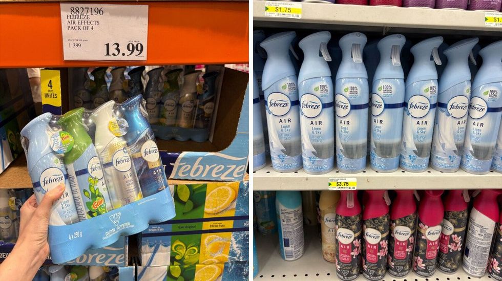 person holding pack of Febreze air fresheners at costco. right: botles of Febreze air fresheners at dollarama