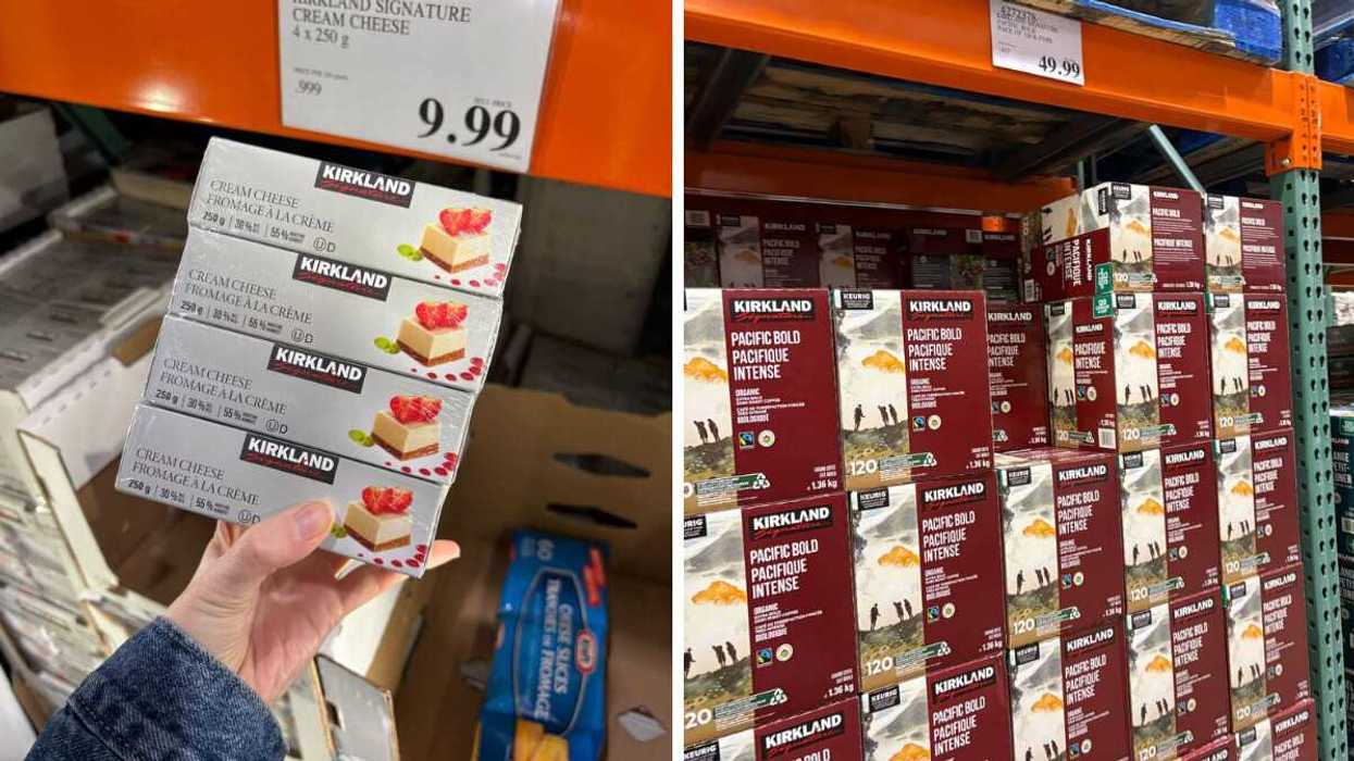 person holding pack of Kirkland Signature cream cheese at costco. Right: boxes of Kirkland Signature coffee pods at costco