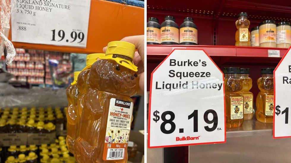 person holding pack of Kirkland Signature liquid honey at Costco. Right: bottles of Burke's liquid honey at Bulk Barn.