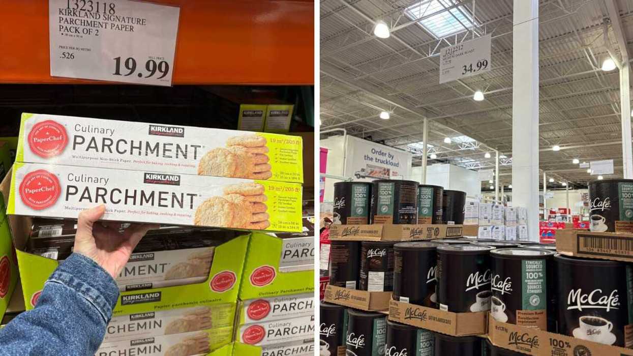 person holding pack of kirkland signature parchment paper. right: canister of mccafe coffee at costco