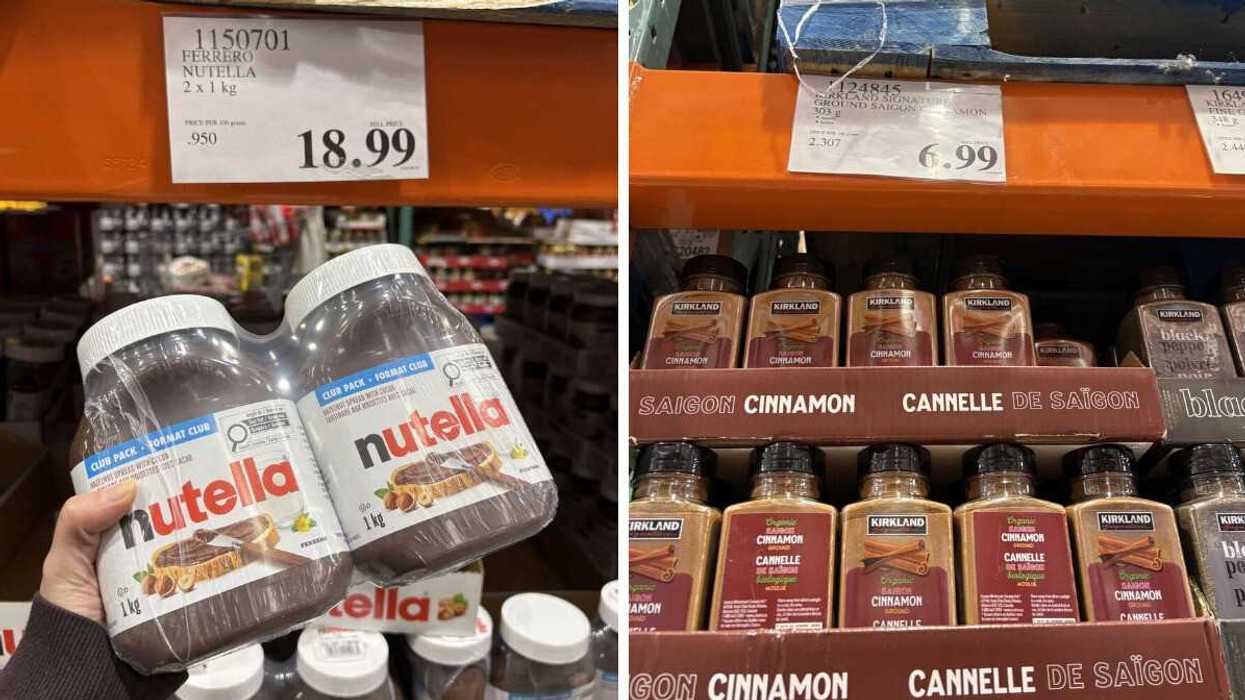 person holding pack of nutella jars at costco. right: bottles of kirkland signature ground cinnamon at costco