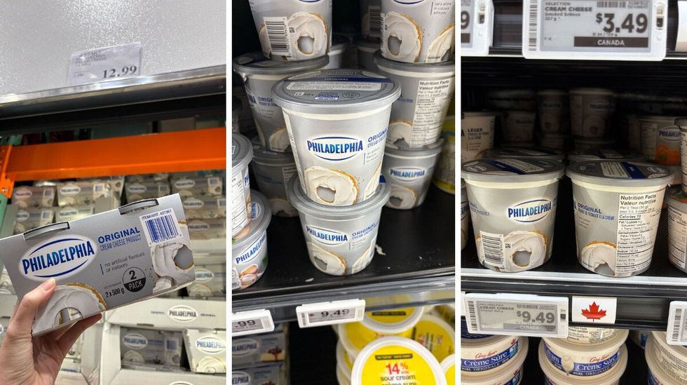 person holding pack of philadelphia cream cheese at costco. centre: philadelphia cream cheese at loblaws. right: philadelphia cream cheese at metro
