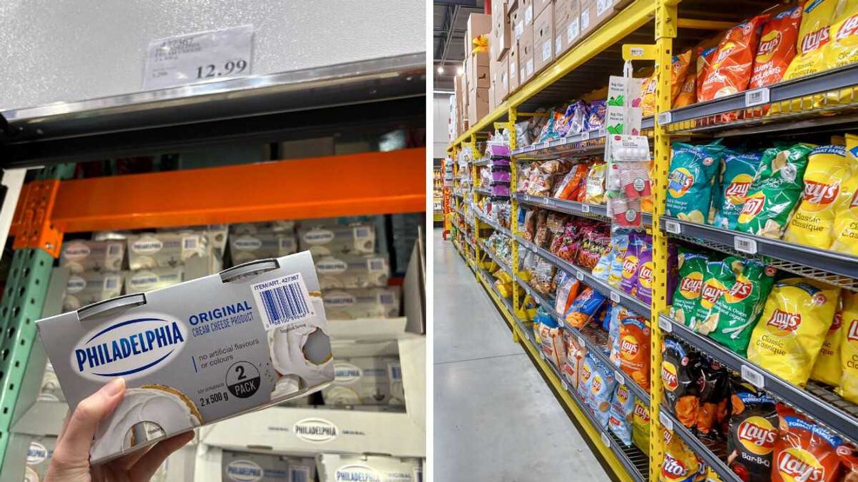 person holding pack of philadelphia cream cheese at costco. right: bags of chips on shelves at no frills store