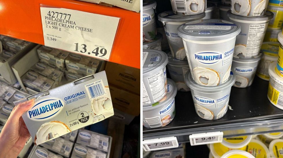 person holding pack of philadelphia cream cheese at costco. right: containers of philadelphia cream cheese at loblaws