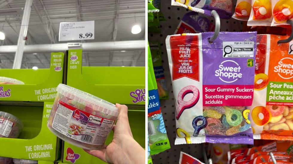 person holding pack of Red Band sour suckers at Costco. Right: bag of Sour gummy suckers at Dollarama