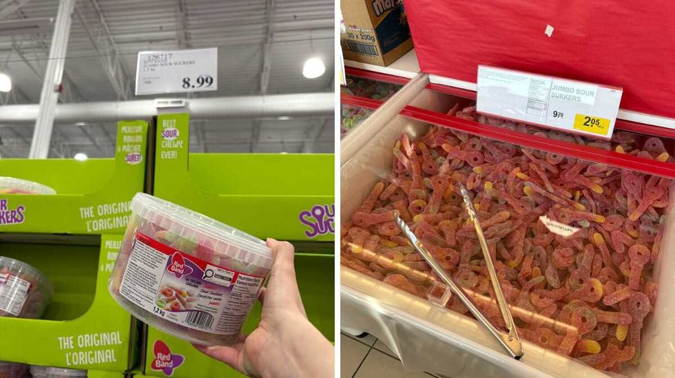 person holding pack of Sour suckers at Costco. Right: bin Sour suckers at Bulk Barn.