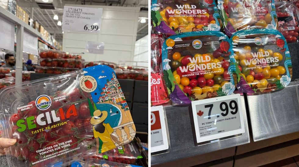 person holding pack of strawberry tomatoes at costco. right: packs of grape tomatoes at loblaws