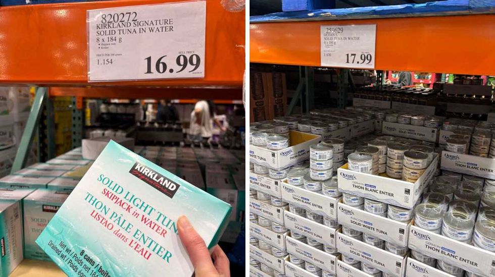 person holding pack of \u200b Kirkland Signature tuna. Right: cans of Ocean's tuna at Costco.