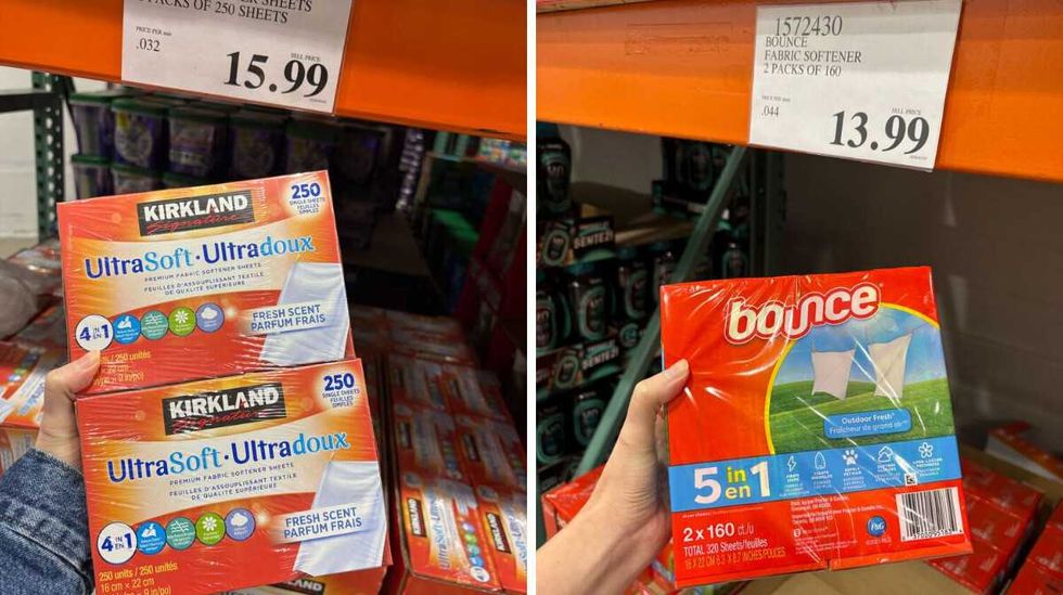 person holding pack of \u200b\u200bKirkland Signature dryer sheets. Right: person holding pack of Bounce dryer sheets.