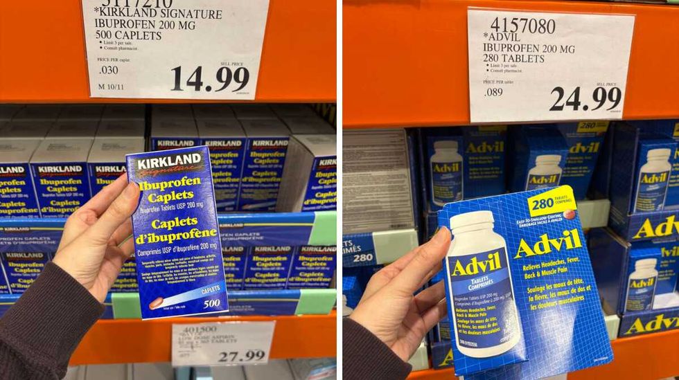 person holding pack of \u200bKirkland Signature 200-milligram ibuprofen caplets. Right: person holding pack of Advil 200-milligram tablets at Costco