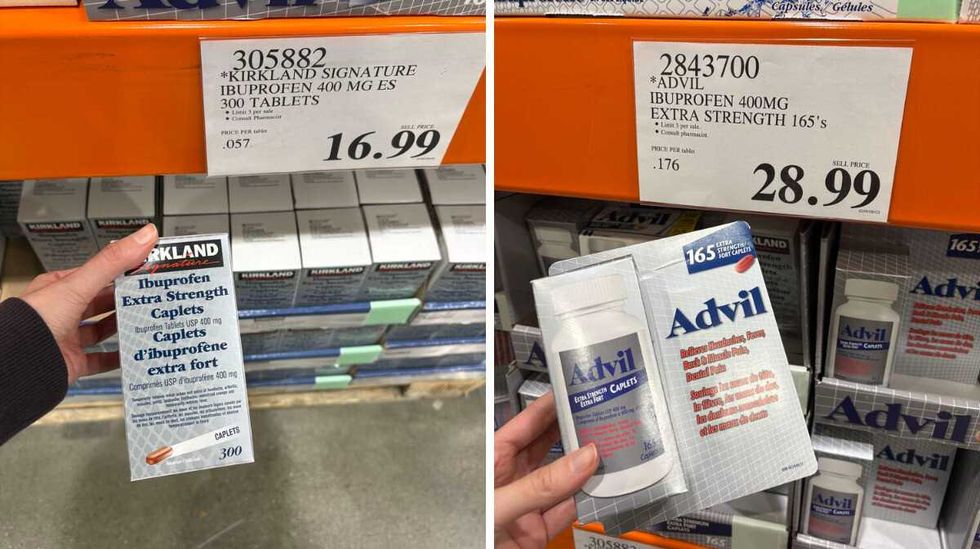 person holding pack of \u200bKirkland Signature 400-milligram extra-strength ibuprofen. Right: person holding pack of Extra-strength 400-milligram Advil at Costco