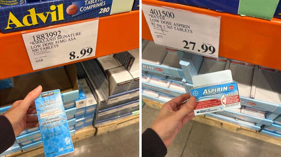 person holding pack of \u200bKirkland Signature 81-milligram acetylsalicylic acid. Right: person holding pack of Aspirin 81-milligram at Costco