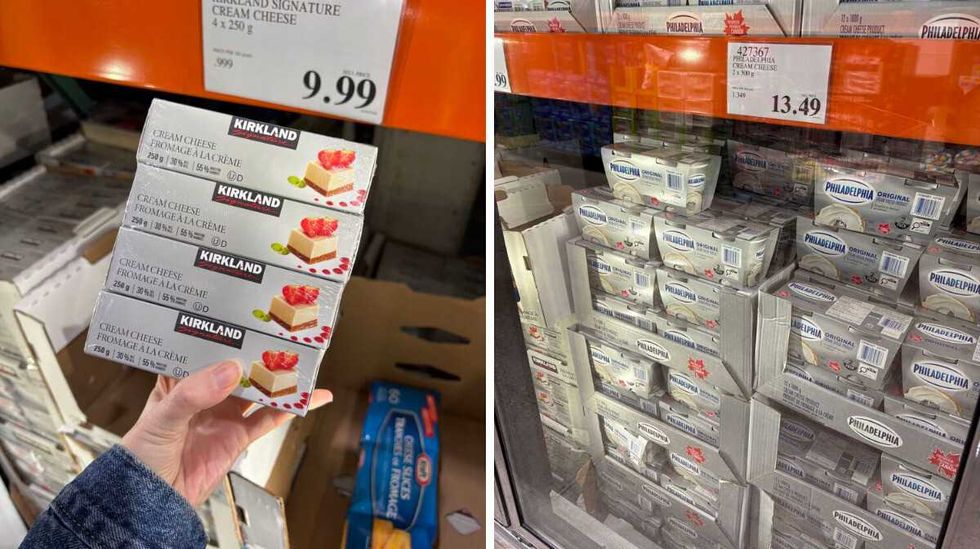 person holding pack of \u200bKirkland Signature cream cheese. Right: packs of Philadelphia cream cheese at Costco.