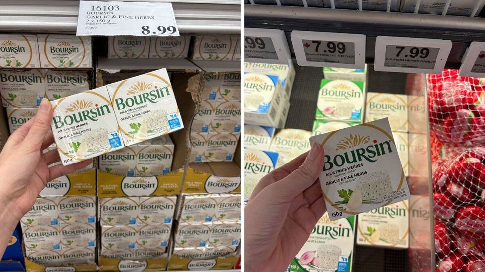 person holding packs of boursin cheese at costco. right: person holding pack of boursin cheese at loblawss