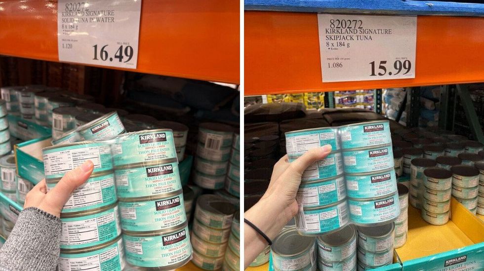 person holding packs of kirkland signature canned tuna in 2025 and 2024