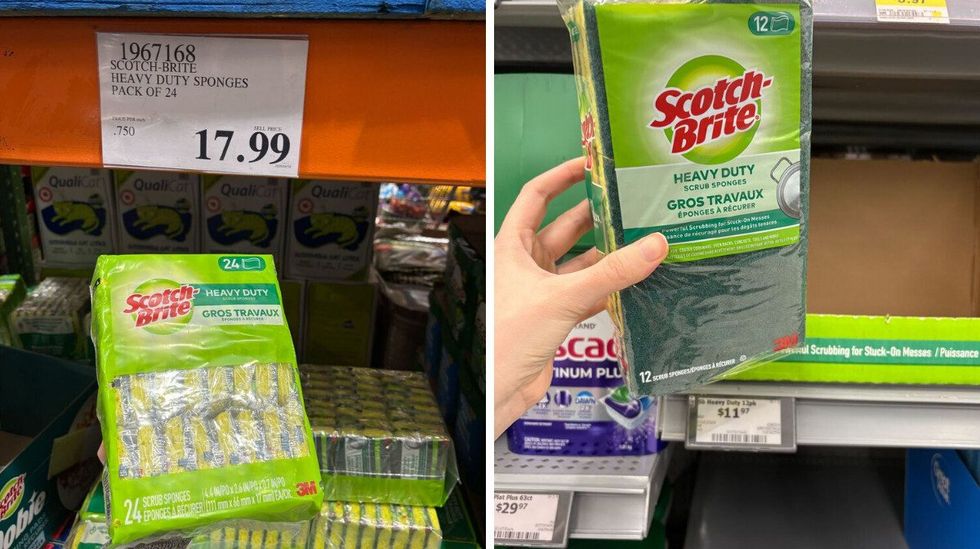 person holding packs of scotch-brite sponges at costco and walmart