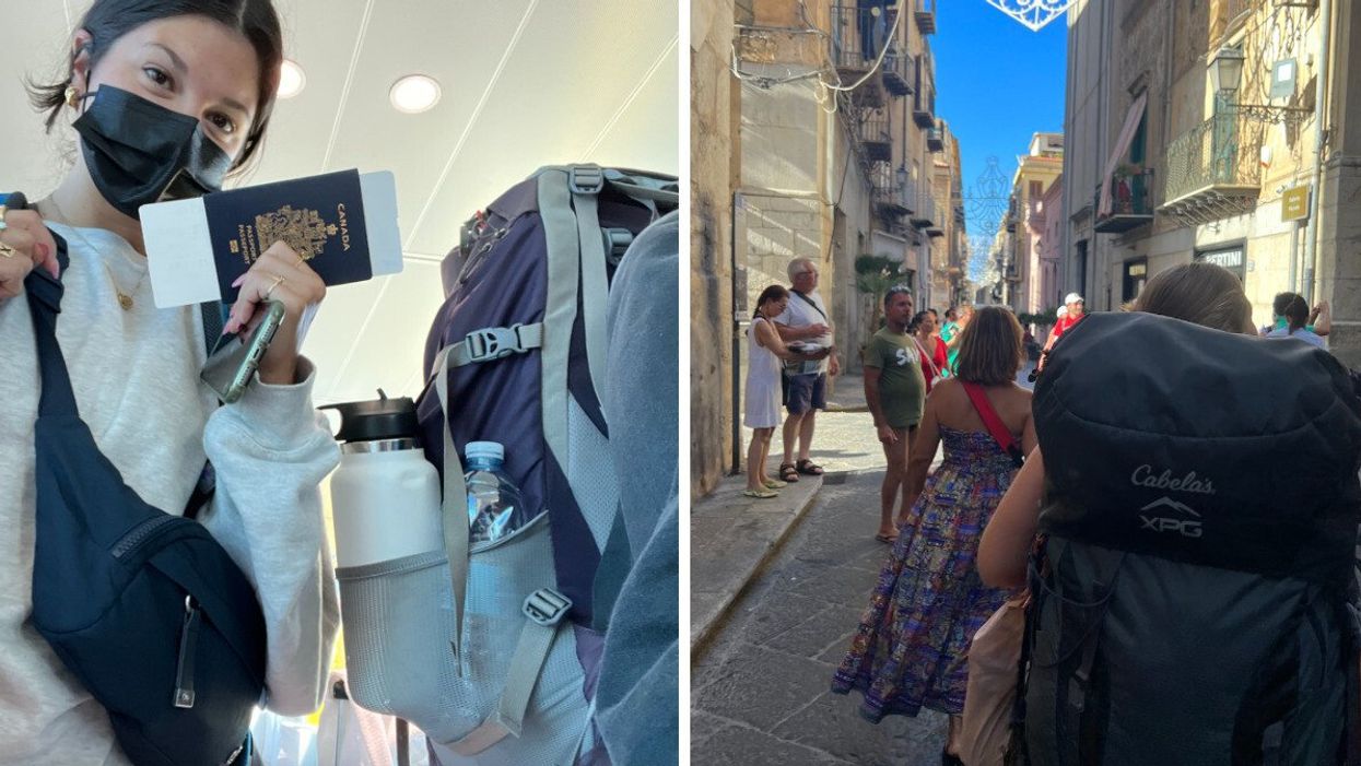 Person holding passport. Right: Person walking down a street with a backpack.