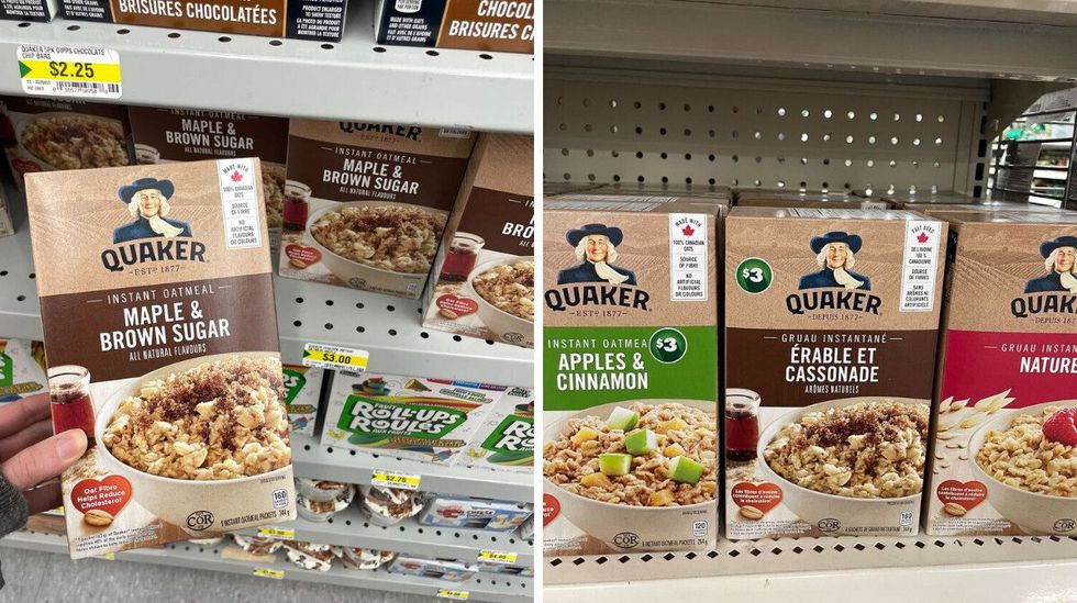 person holding quaker instant oatmeal box at dollarama. right: quaker instant oatmeal boxes on shelves at dollar tree