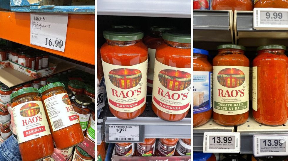 person holding rao's sauce at costco, walmart and loblaws