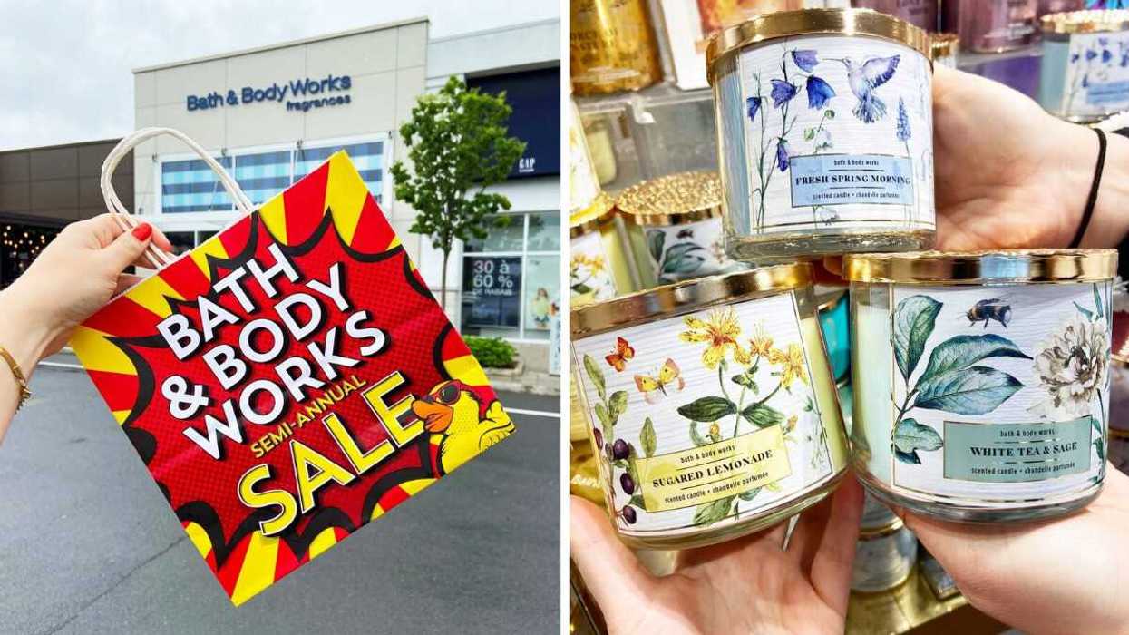 person holding red and yellow bath and body works semi annual sale bag outside of store. right: people holding bath and body works three wick candles in a store
