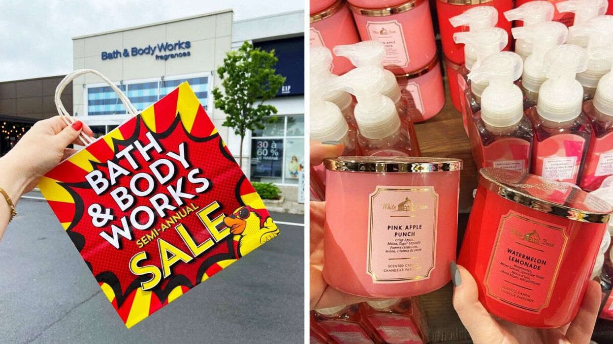 person holding shopping bag outside of bath and body works store. right: people holding bath and body works three wick candles