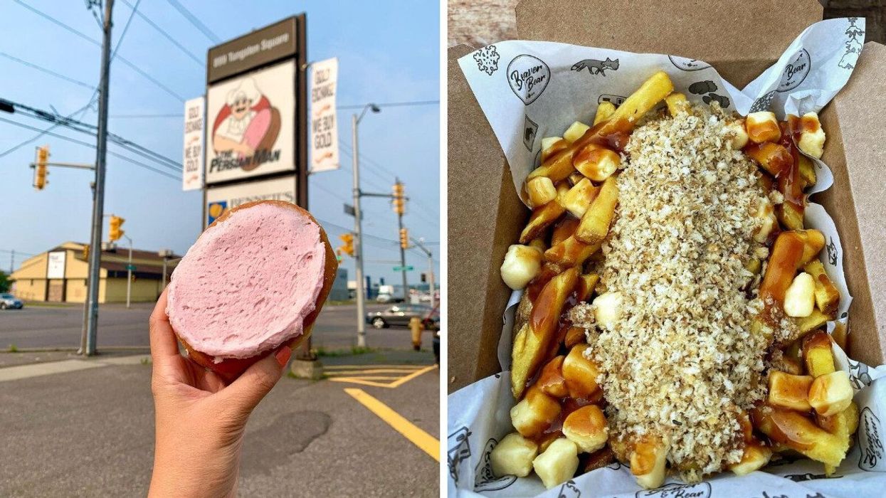 person holding the persian, a cinnamon bun with pink icing, in front of the persian man sign. right: newfoundland poutine with fries, gravy, cheese curds and dressing