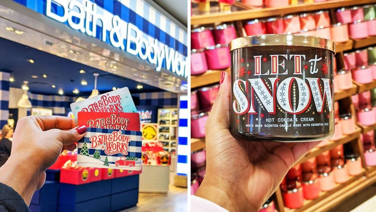 person holding three holiday gift cards in front of bath and body works store. right: person holding a holiday bath and body works three-wick candle