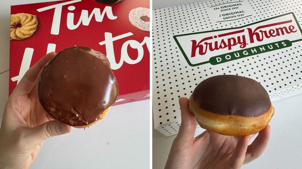 person holding tim hortons boston cream donut. right: person holding krispy kreme chocolate iced custard filled donut