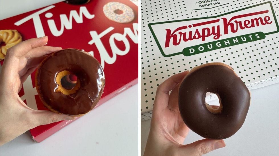 person holding tim hortons chocolate dip donut. right: person holding krispy kreme chocolate iced glazed donut
