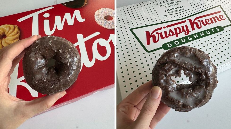 person holding tim hortons chocolate glazed donut. right: person holding krispy kreme glazed chocolate cake donut