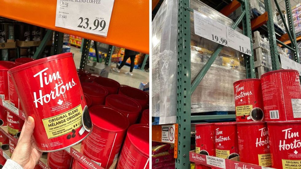 person holding tim hortons coffee at costco in 2025. right: tim hortons coffee at costco in 2024
