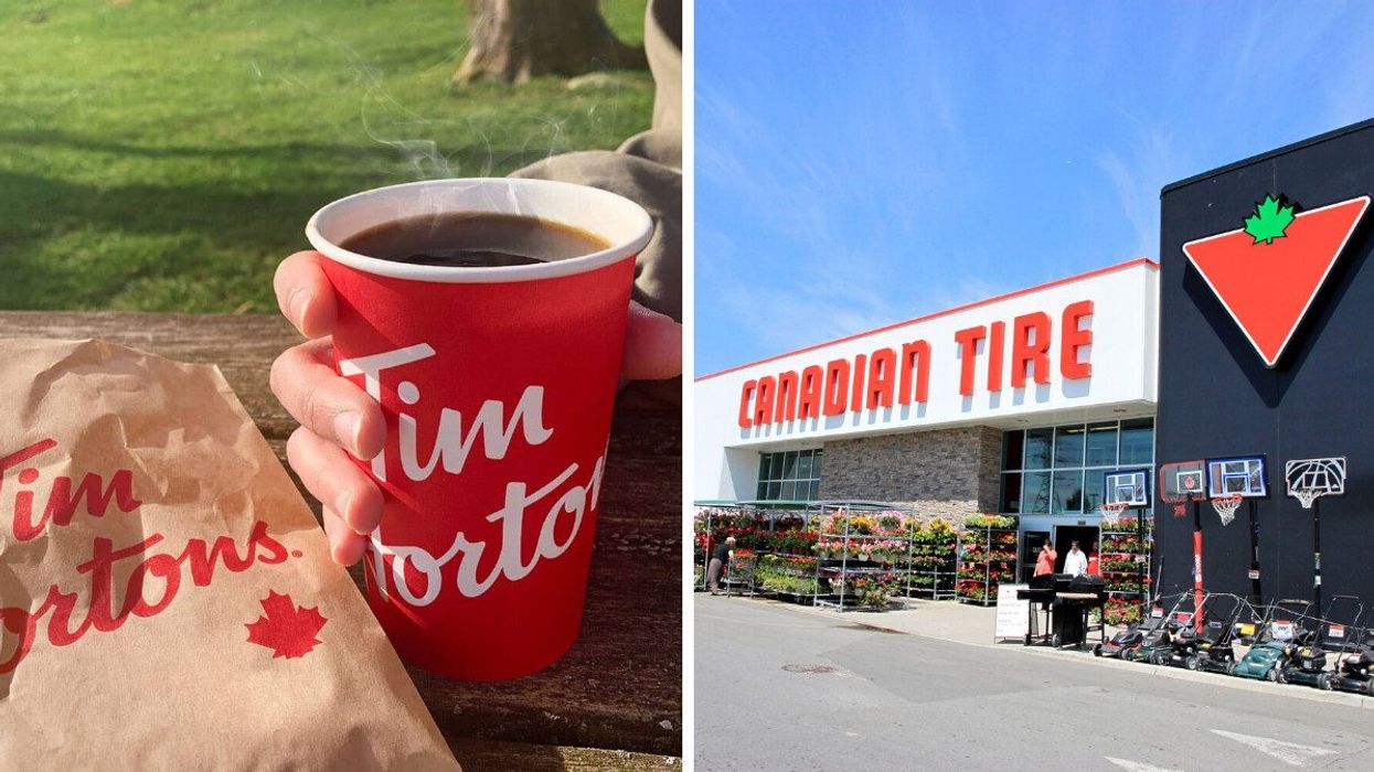 person holding tim hortons coffee cup beside a baked good bag. right: exterior of canadian tire store