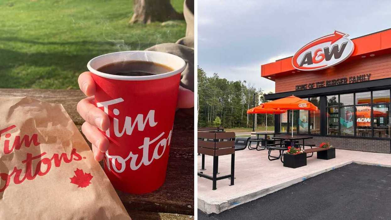 person holding tim hortons coffee cup next to tim hortons bag. right: exterior of a&w location in canada