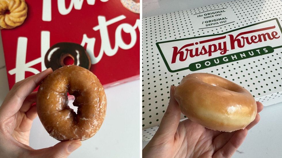 person holding tim hortons old fashiond plain glazed donut. right: person holding krispy kreme original glazed donut