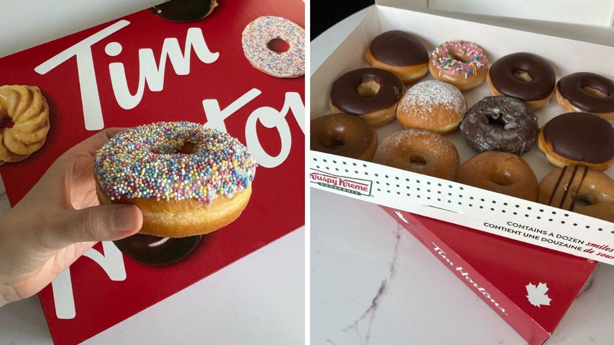 person holding tim hortons vanilla dip donut. right: box of krispy kreme donuts on top of a tim hortons donut box