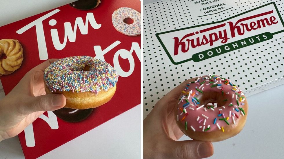 person holding tim hortons vanilla dip donut. right: person holding krispy kreme strawberry iced with sprinkles donut.
