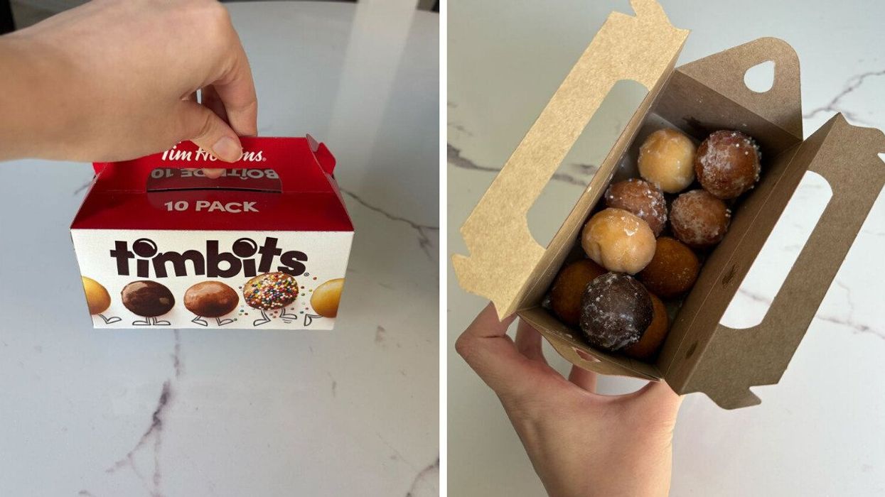 person holding timbits box. right: person holding open box of timbits