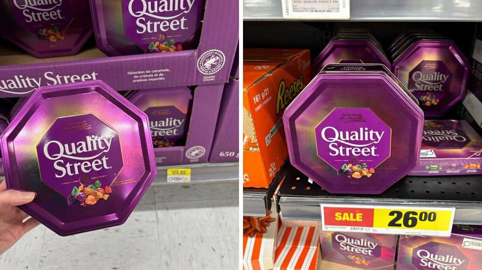 person holding tin of Quality Street chocolates at walmart. right: tins of Quality Street chocolates at loblaws