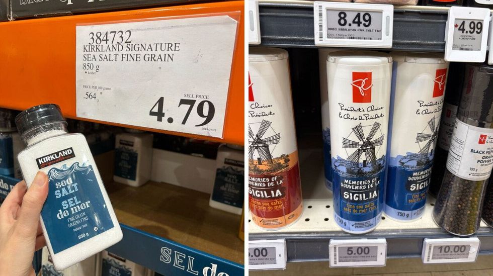 person holding tub of kirkland signature fine sea salt at costco. right: president's choice fine sea salt at loblaws