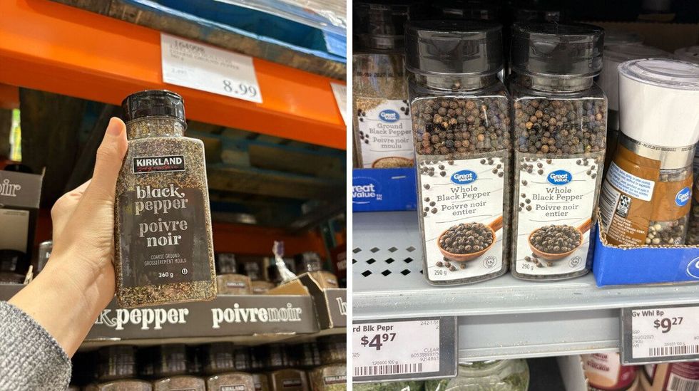 person holding tub of kirkland signature ground black pepper. right: tubs of great value black pepper