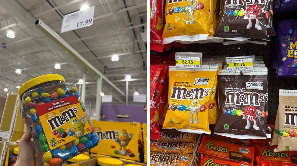 person holding tub of peanut M&M's at costco. right: bags of peanut M&M's at dollarama